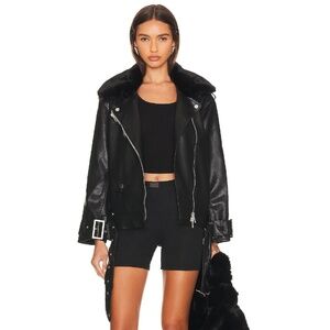 Line & Dot Revolve Moto Faux Leather Jacket Coat Fur Collar Zipper Edgy Biker XS